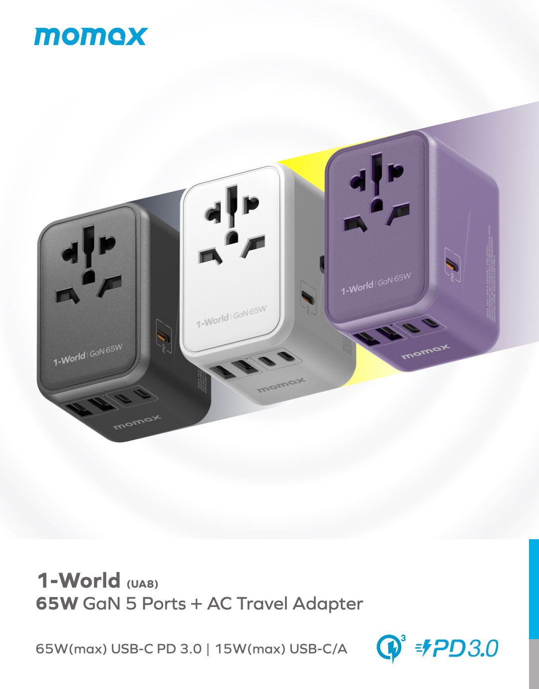 Momax UA8 70W GaN 5-Port + AC Travel Adapter, Black