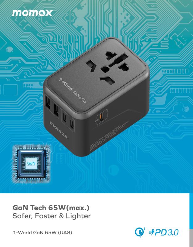 Momax UA8 70W GaN 5-Port + AC Travel Adapter, Black