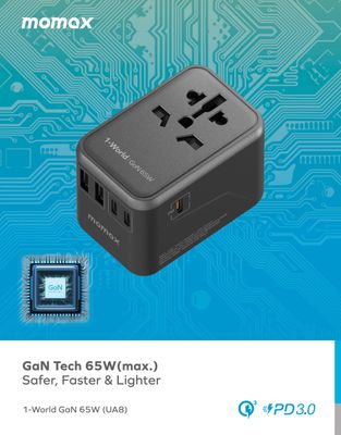Momax UA8 70W GaN 5-Port + AC Travel Adapter, Black