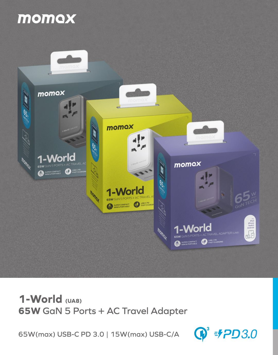 Momax UA8 70W GaN 5-Port + AC Travel Adapter, Black