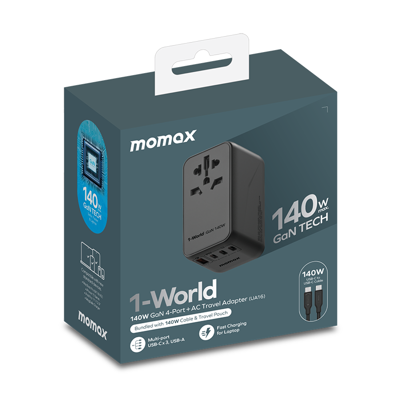 Momax UA16 140W GaN 4-Port + AC Travel Adapter, Black
