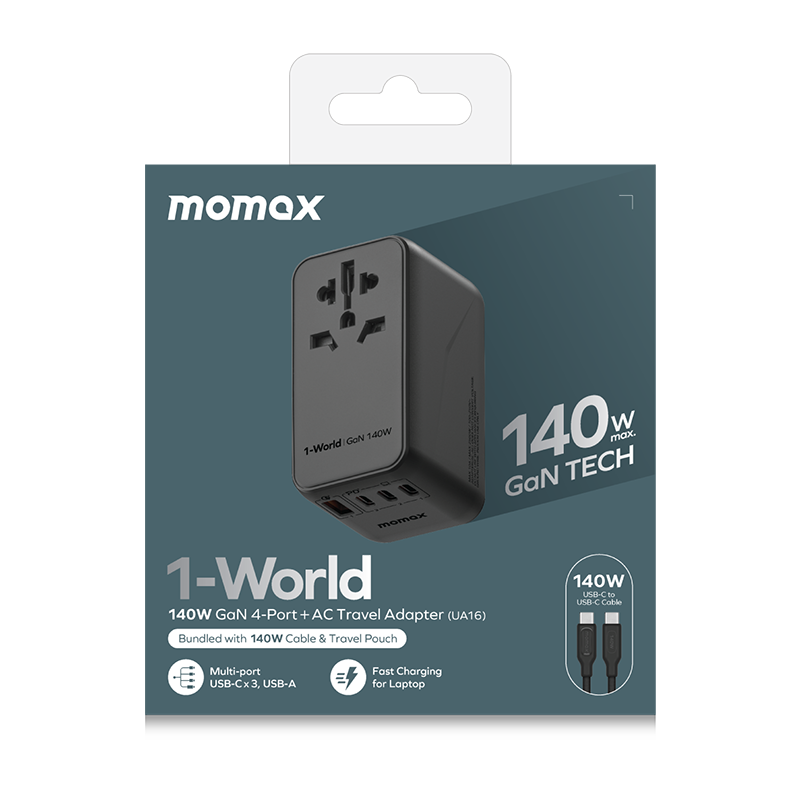 Momax UA16 140W GaN 4-Port + AC Travel Adapter, Black