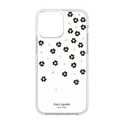 KSNY iPhone 13 mini Protective Hardshell, Scattered Flowers Black/White/Gold Gem