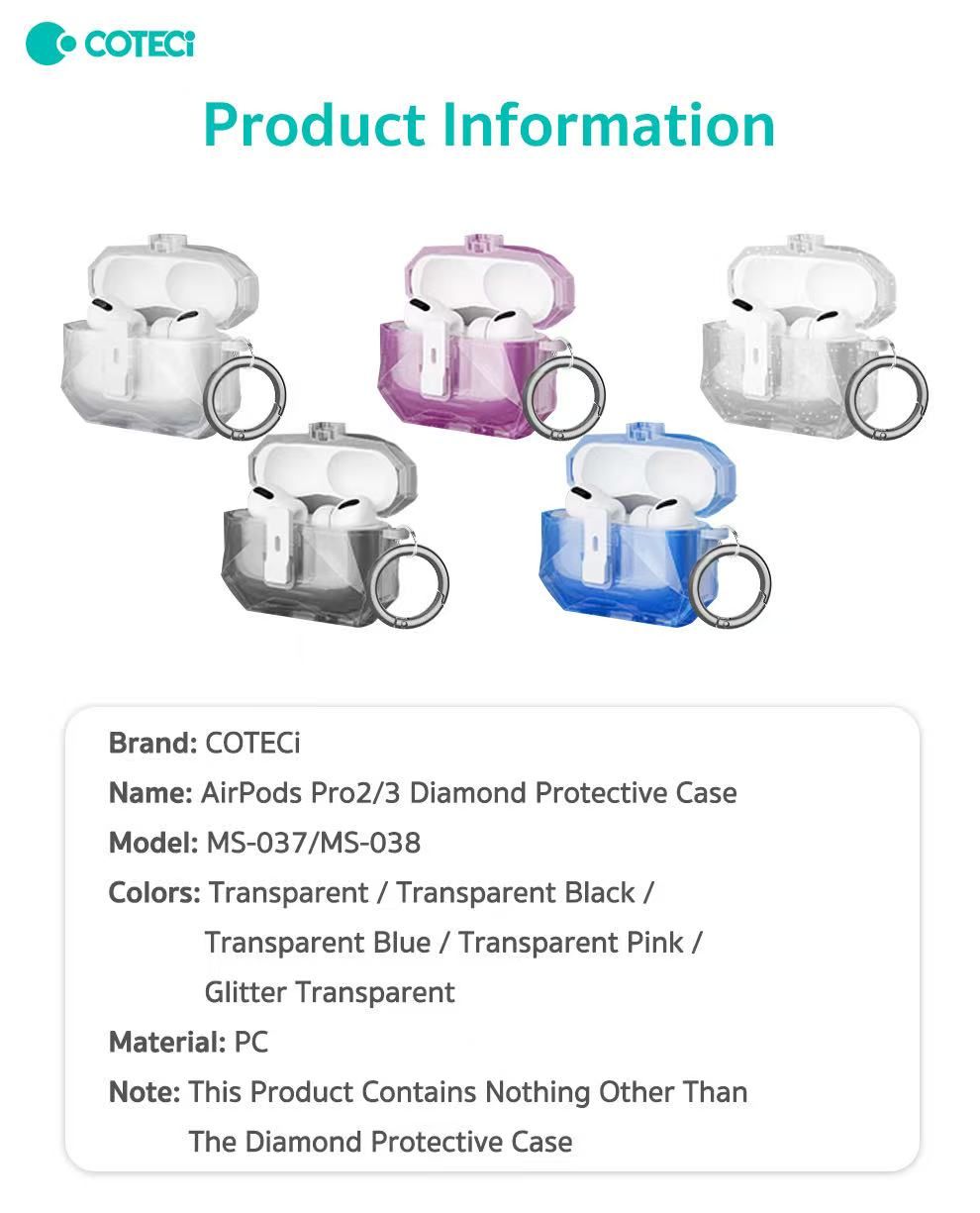 Coteci Airpods Pro 3 Diamonds Case, Clear