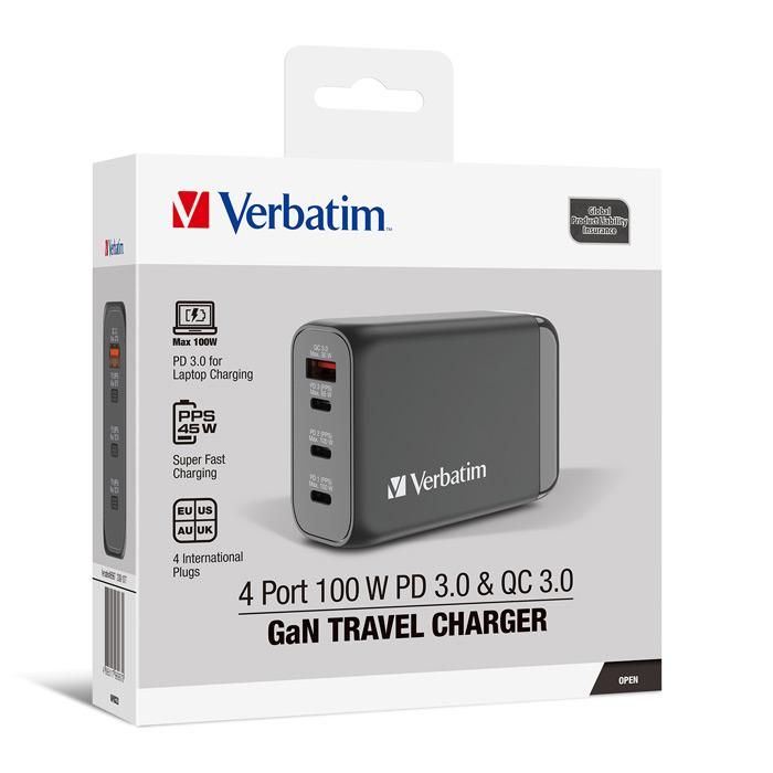 969670-Verbatim GaN Universal Travel Charger 100W 3C1A, Black