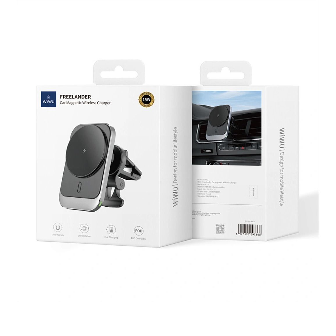 WiWU CH314 Freelander Magnetic Wireless Car Charger, Black