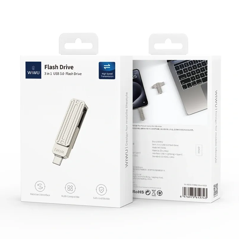 WiWU FD001 3 in 1 USB 3.0 Flash Drive 64GB, Silver