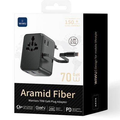 WiWU UA9 Aramid Fiber Warriros 70W GaN Universal Plug Adapter, Black