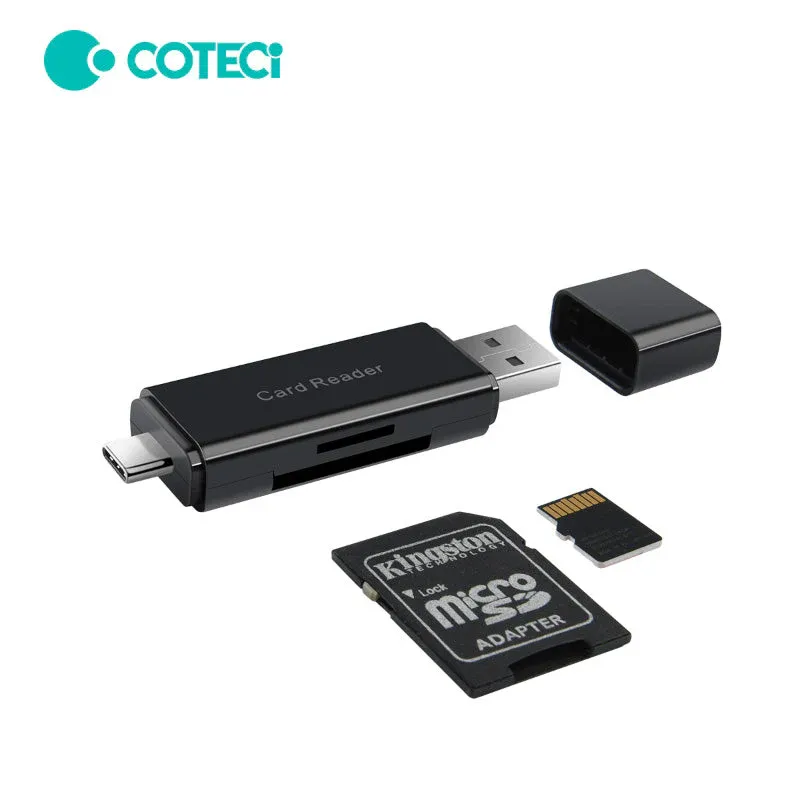 COTECi USB-C/USB-A to SD 3.0/TF 2.0 Card Reader, Black