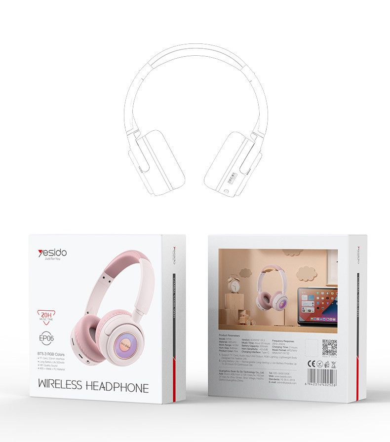 Yesido EP06 Wireless Headphone BT5.3 RGB Colors, Pink