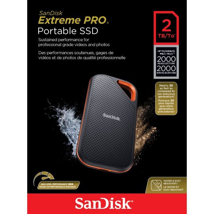 SanDisk Extreme Pro Portable SSD SDSSDE81 2TB USB 3.2 Gen 2x2 Read speed up to 2000MB/s