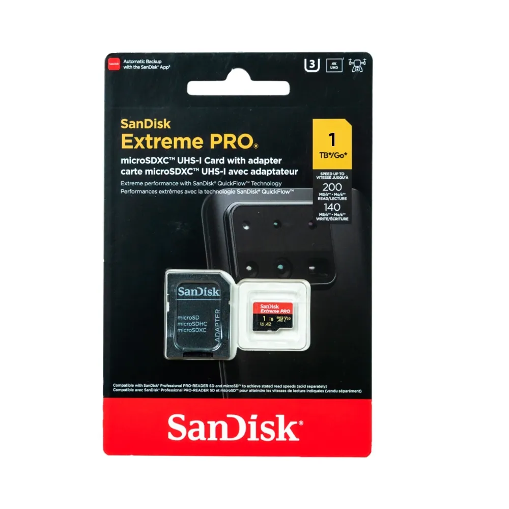 SanDisk Extreme Pro microSDXC, SQXCD 1TB, V30, U3, C10, A2, UHS-I, 200MB/s R, 140MB/s W