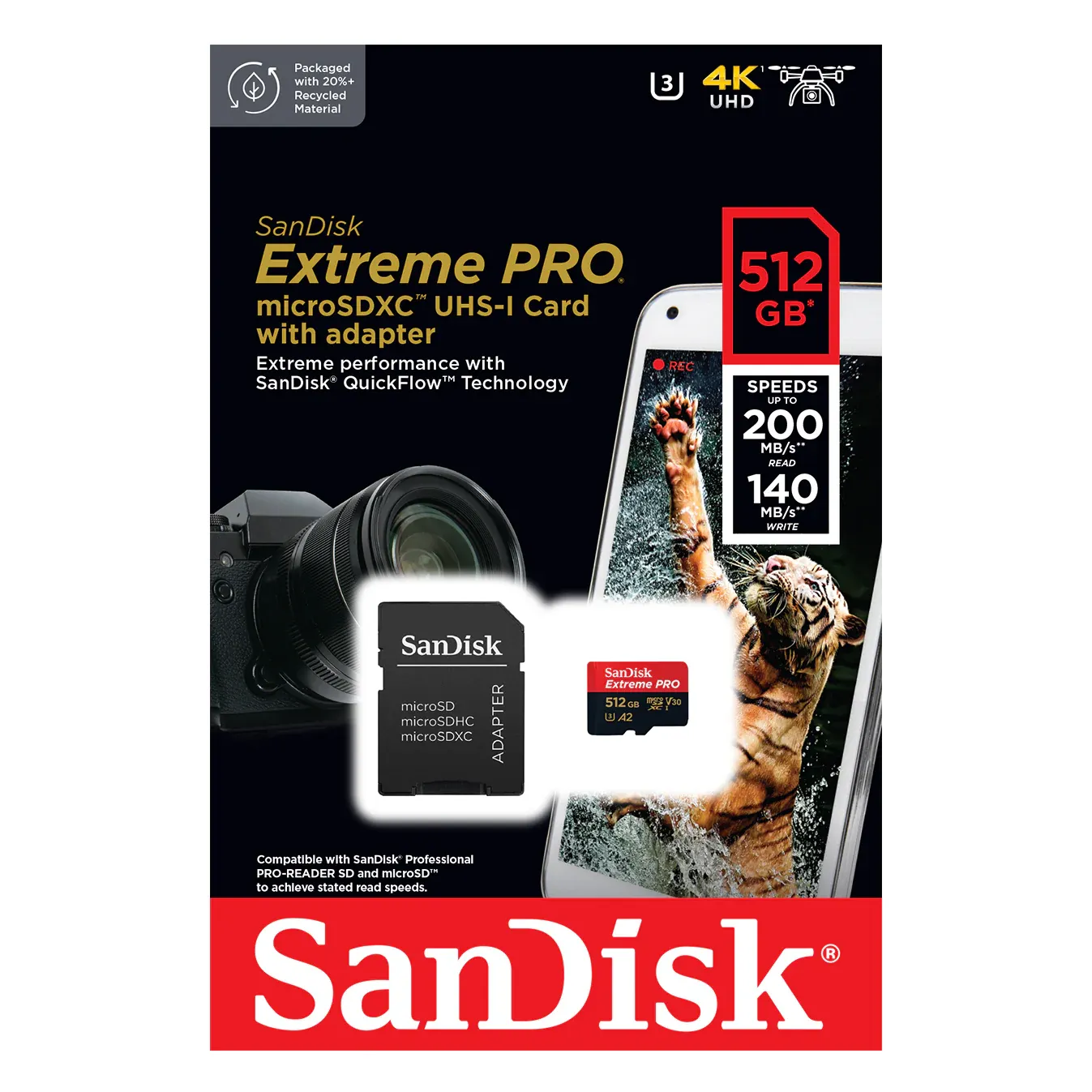 SanDisk Extreme Pro microSDXC, SQXCD 512GB, V30, U3, C10, A2, UHS-I, 200MB/s R, 140MB/s W