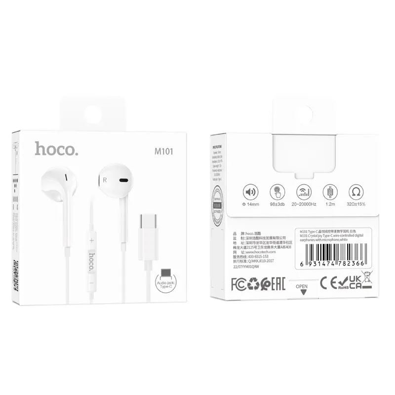 hoco M101 Type-C Wired Earphone w/ Mic, White