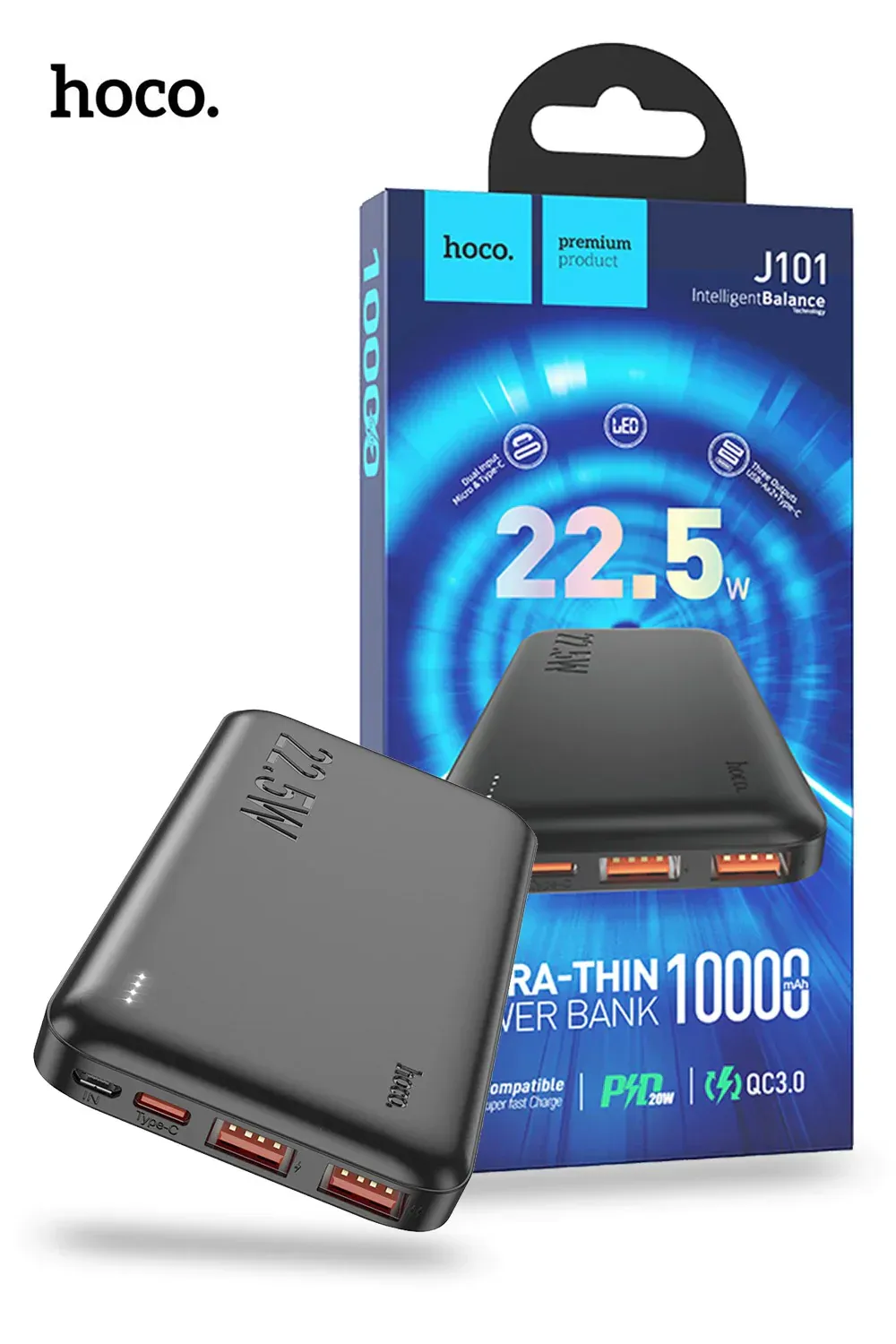 6931474782472-Hoco J101 Ultra-Thin 10K mAh Power Bank, Black