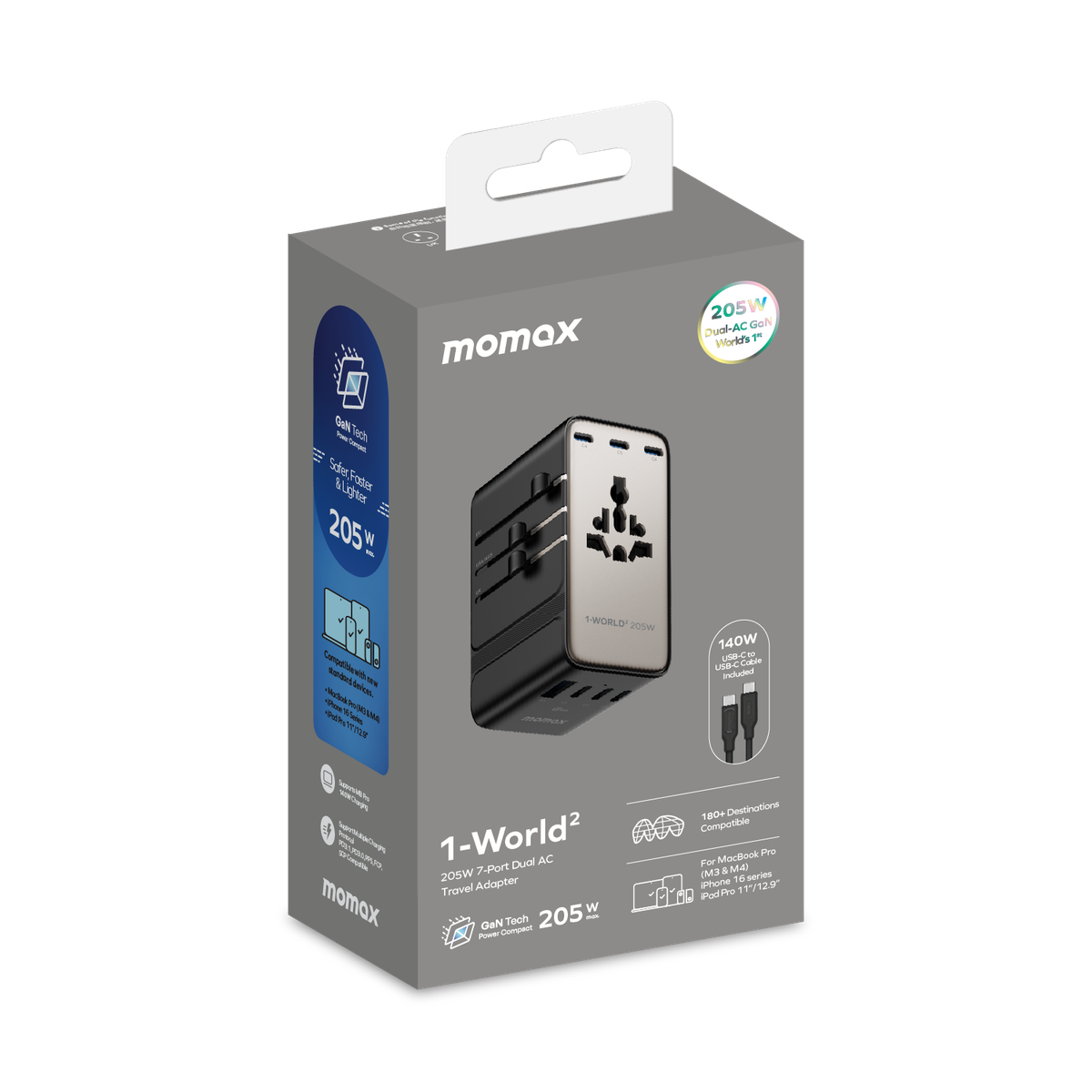 Momax 1-World 205W GaN 7-Port Dual AC Travel Adapter