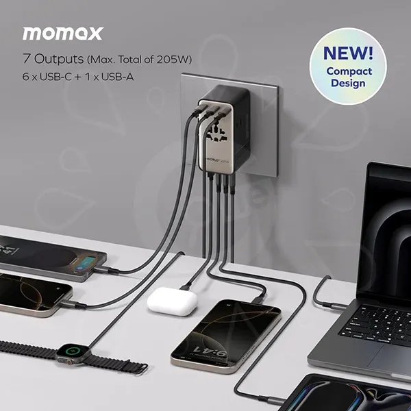 Momax 1-World 205W GaN 7-Port Dual AC Travel Adapter