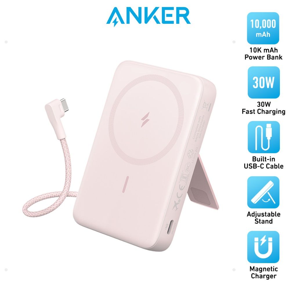 Anker A1685 Zolo Magnetic Wireless Power Bank 10,000mAh with Built-in USB-C Cable, Pink