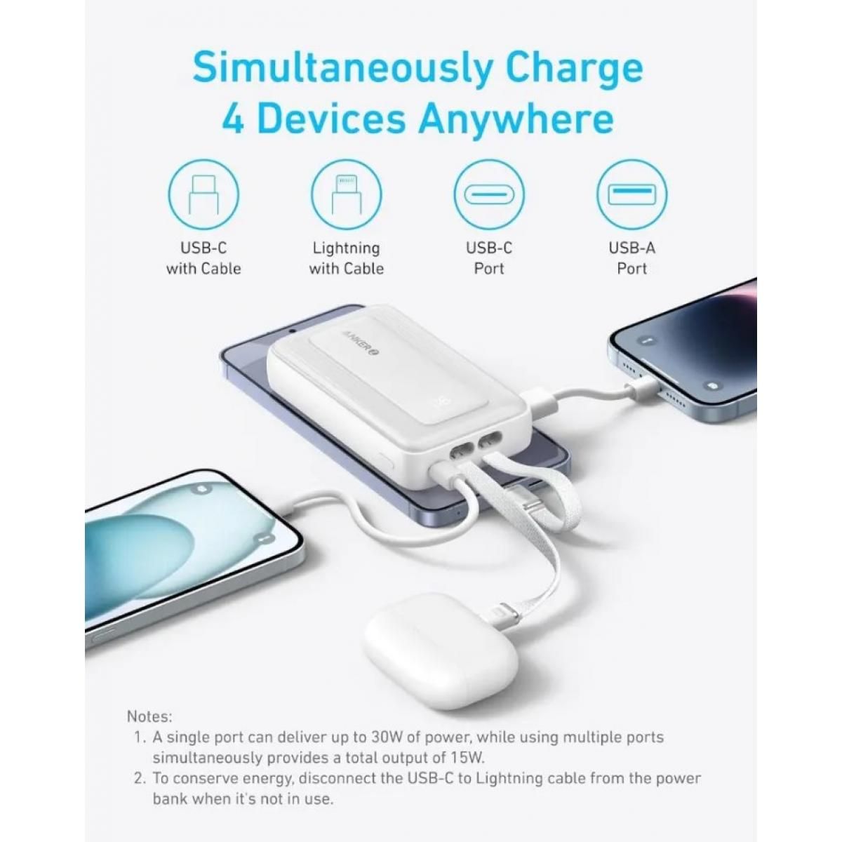 Anker A1680 Zolo Power Bank 10,000mAh with Dual Built-in Cables, Dark Blue