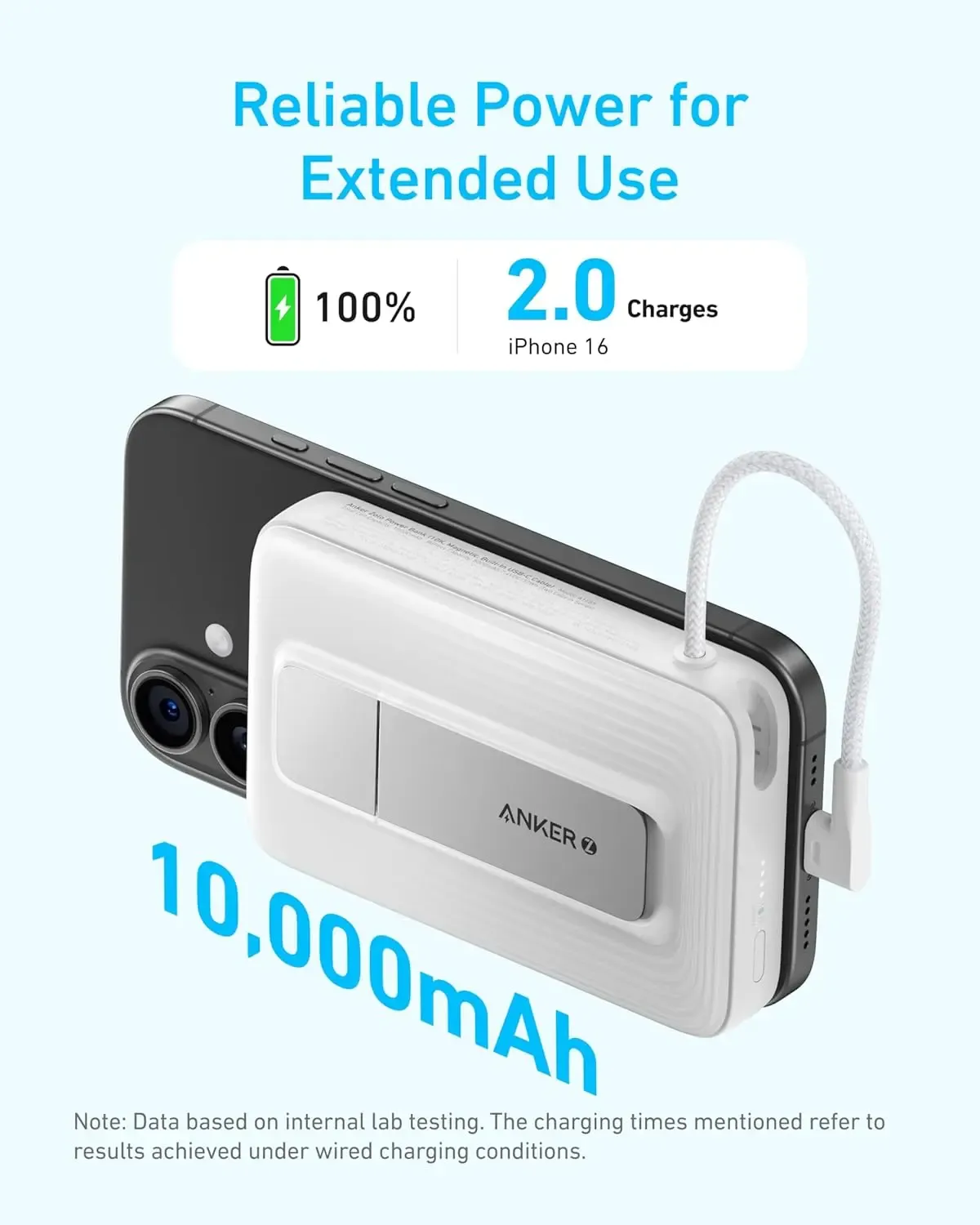 Anker A1685 Zolo Magnetic Wireless Power Bank 10,000mAh with Built-in USB-C Cable, White