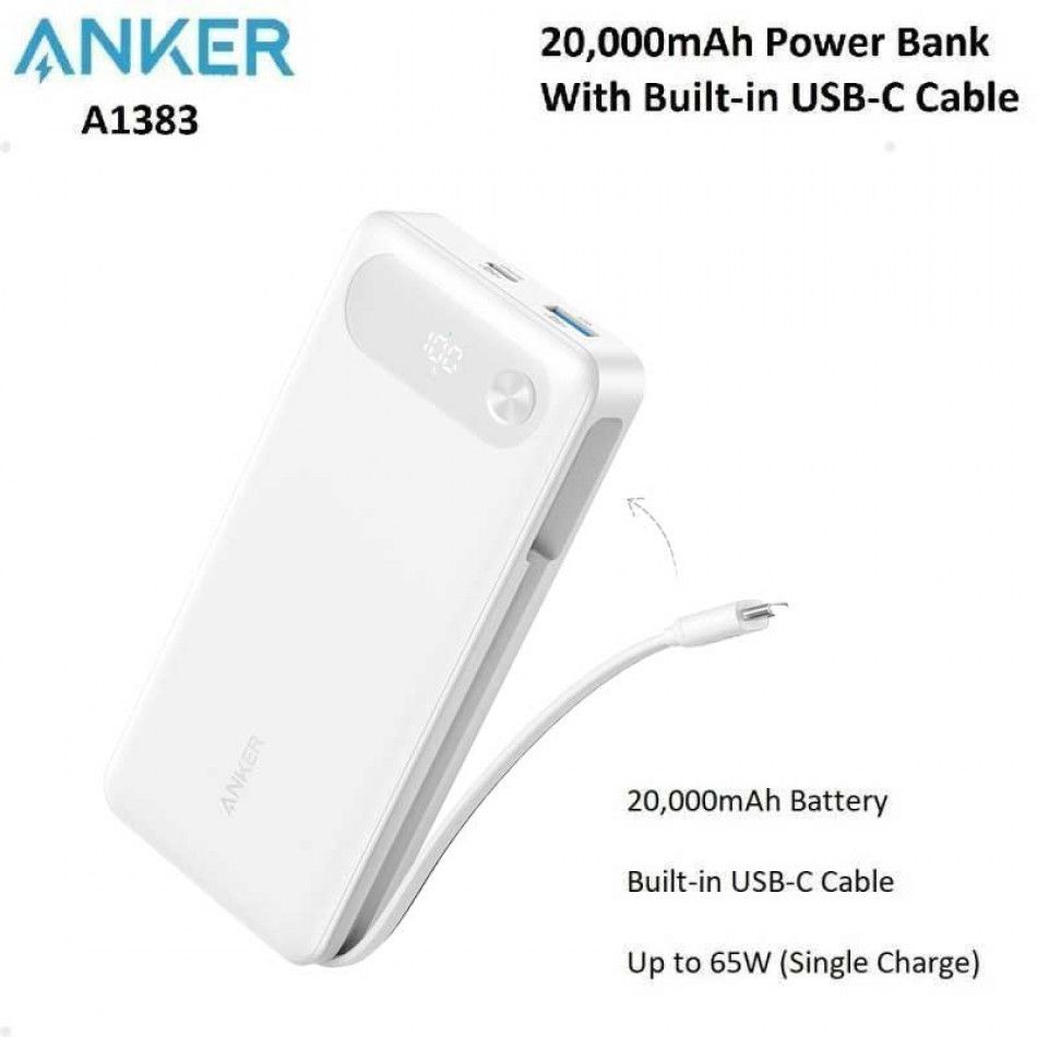 Anker A1383 Power Bank 20,000mAh with Built-in USB-C Cable, White