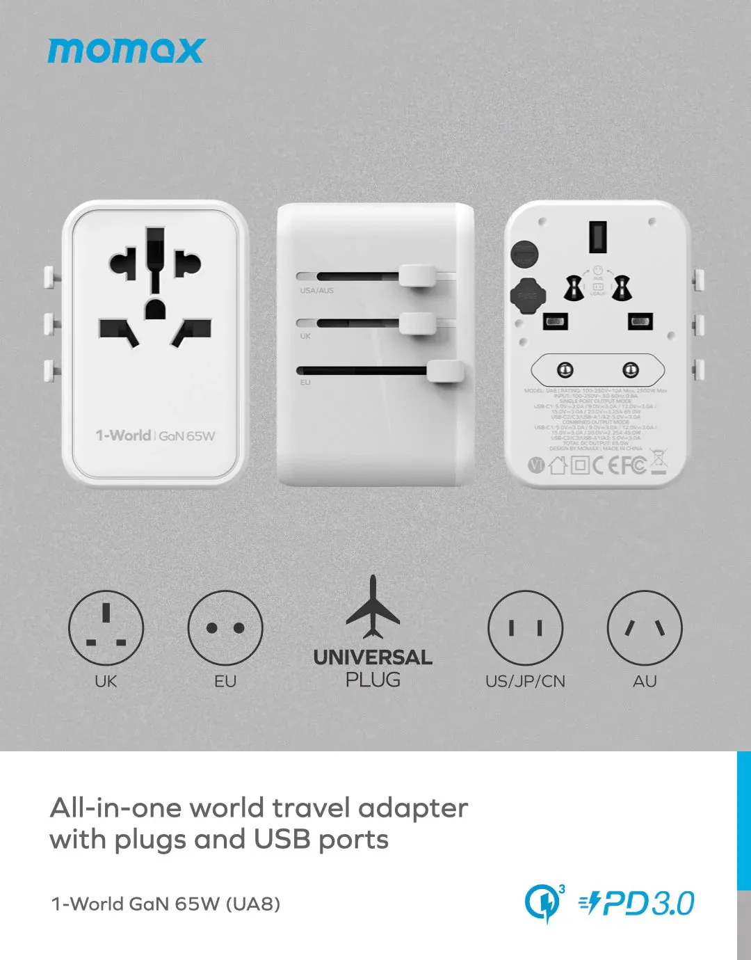 Momax UA8 65W GaN 5-Port + AC Travel Adapter, White