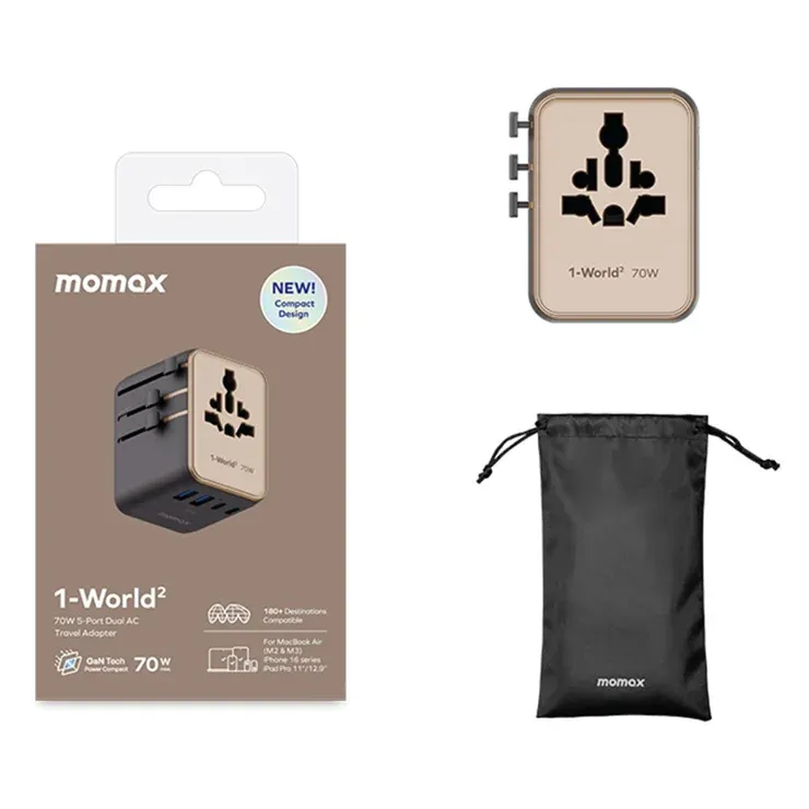Momax UA22 70W GaN 5-Port + Dual AC Travel Adapter, Desert Gold