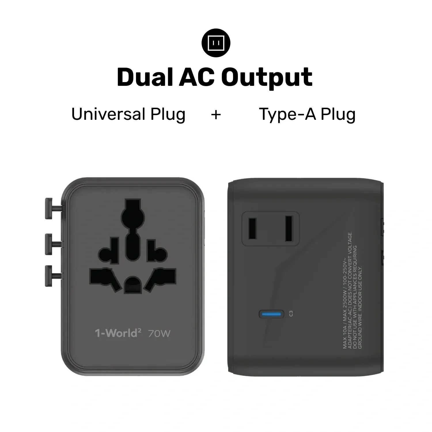 Momax UA22 70W GaN 5-Port + Dual AC Travel Adapter, Black