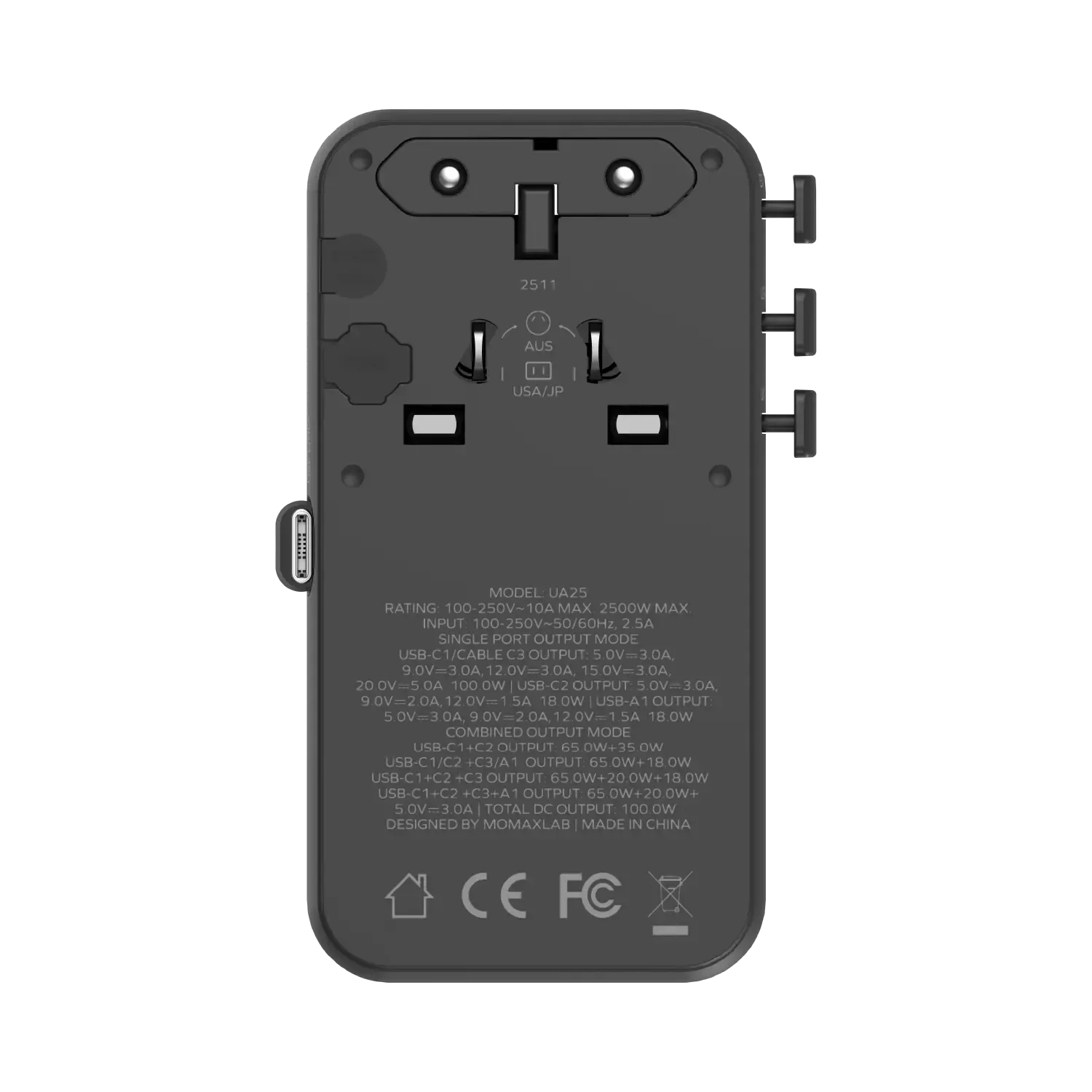 Momax UA25 100W GaN 4-Port + Dual AC Travel Adapter, Black