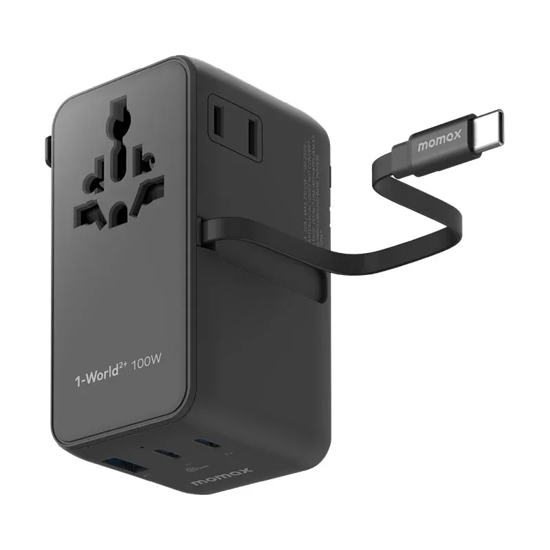 Momax UA25 100W GaN 4-Port + Dual AC Travel Adapter, Black