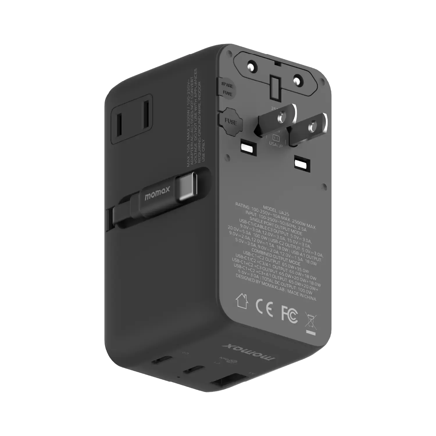 Momax UA25 100W GaN 4-Port + Dual AC Travel Adapter, Black