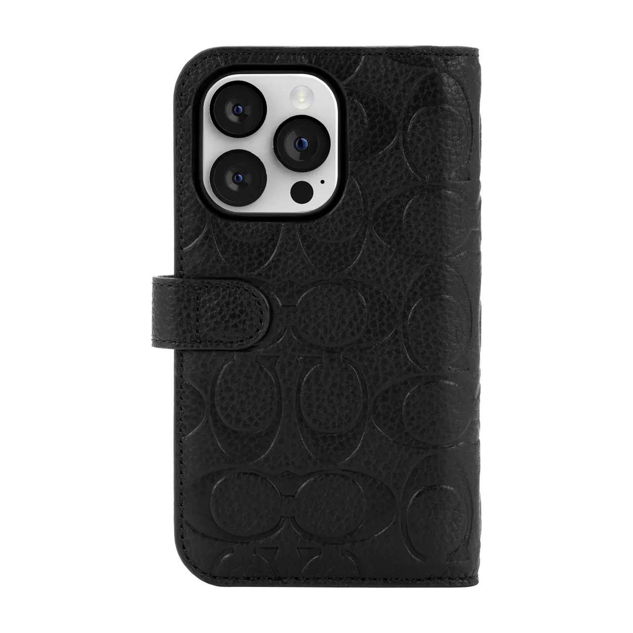 Coach iPhone 14 Pro Max Folio Case, Black Emboss Signature C Pebbled Leather