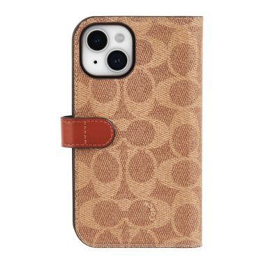 Coach iPhone 14 Plus Folio Case, Signature C Tan