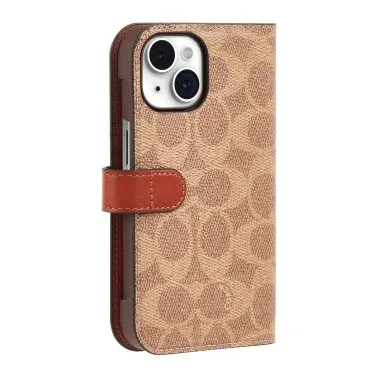 Coach iPhone 14 Plus Folio Case, Signature C Tan