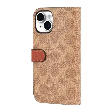 Coach iPhone 14 Plus Folio Case, Signature C Tan