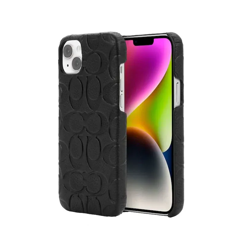 Coach iPhone 14 Pro Max Slim Wrap Case, Black Emboss Signature C Pebbled Leather