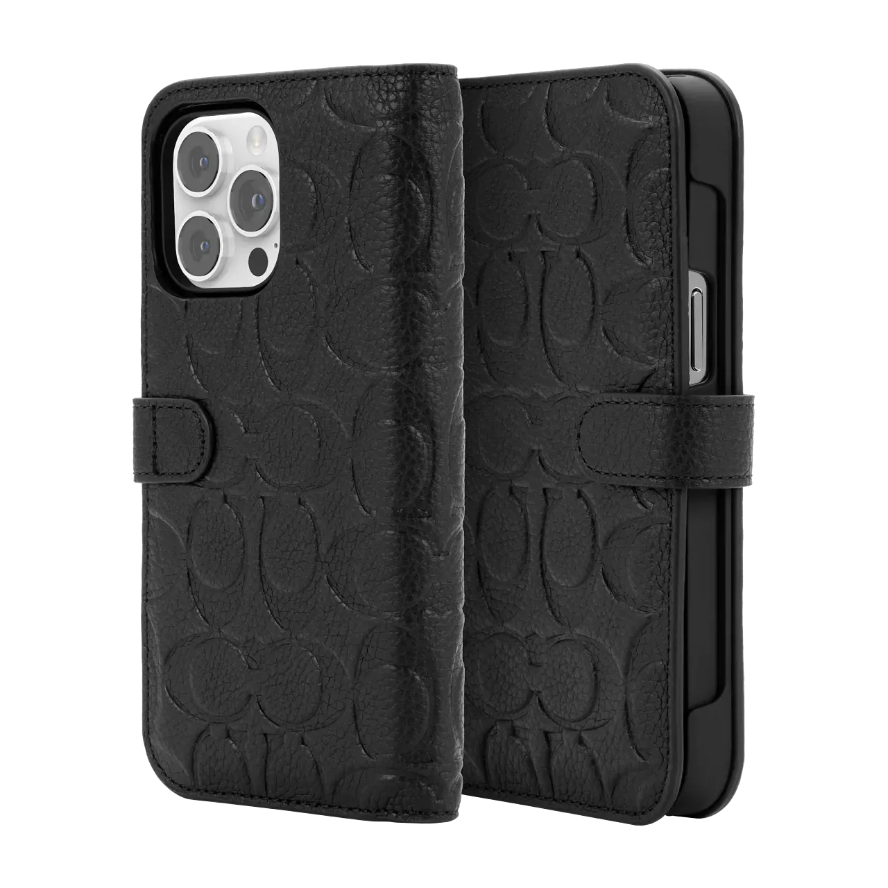 Coach iPhone 14 Pro Max Folio Case, Black Emboss Signature C Pebbled Leather