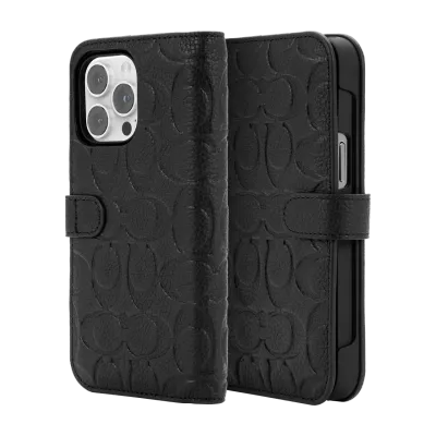 Coach iPhone 14 Pro Max Folio Case, Black Emboss Signature C Pebbled Leather