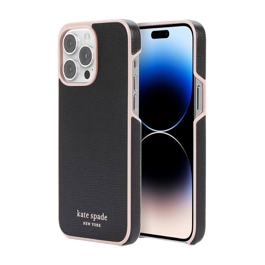 Kate Spade New York iPhone 15 Pro Max Wrap Case, Pale Vellum/Black Bumper/Black