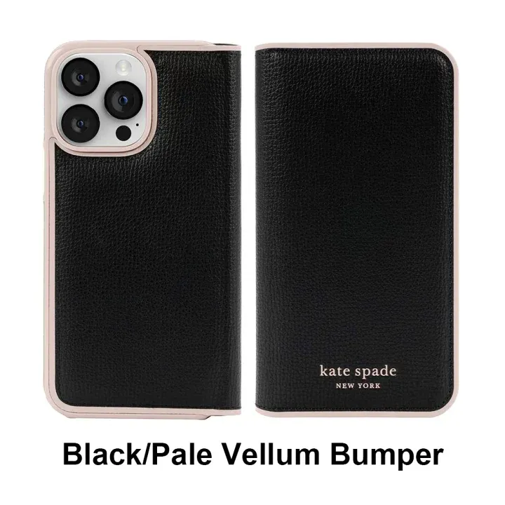 Kate Spade New York iPhone 14 Pro Max Folio Case, Black/Pale Vellum Bumper/Pale