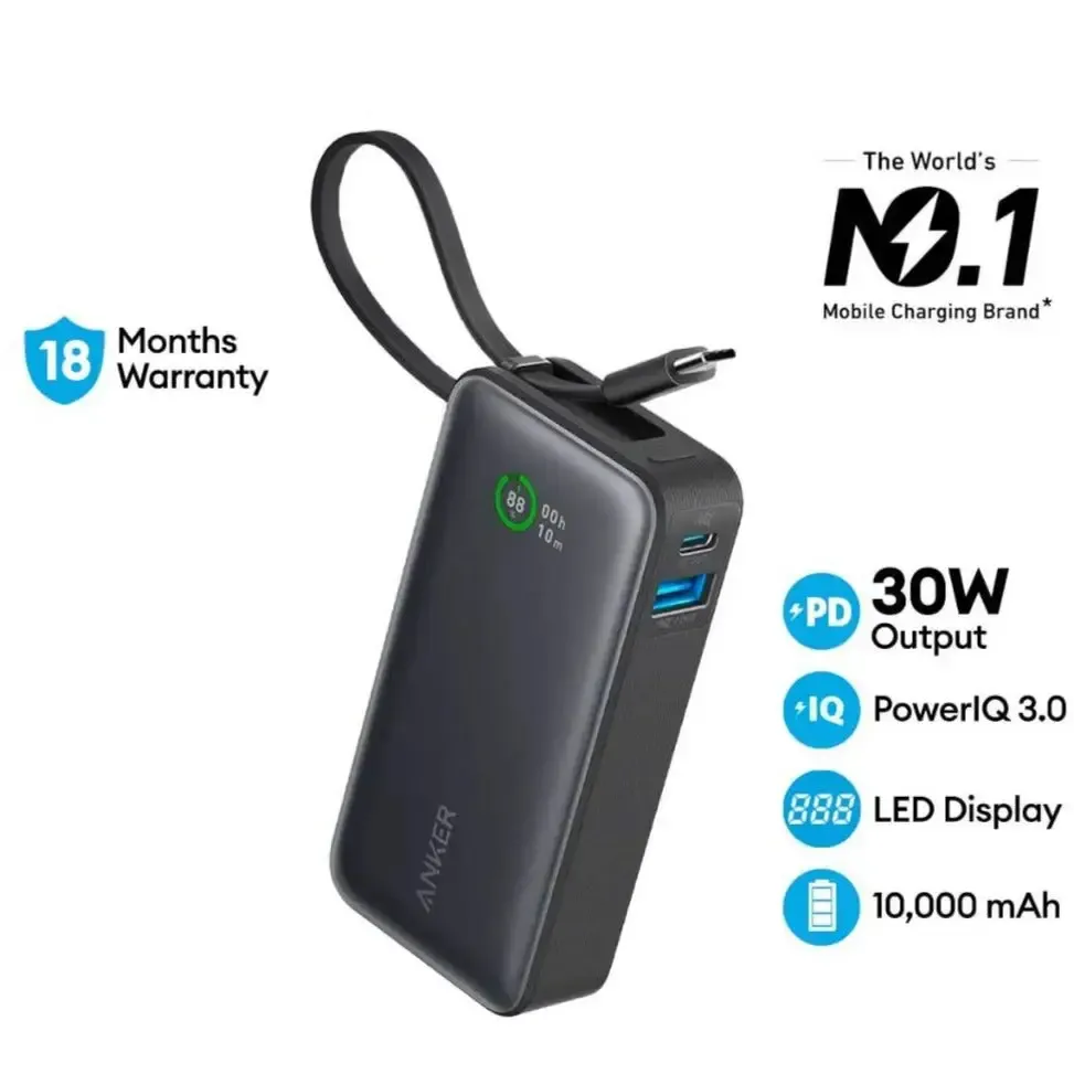 Anker A1259 Series 5 Nono Power Bank 10,000mAh with Built-in USB-C Cable, Black