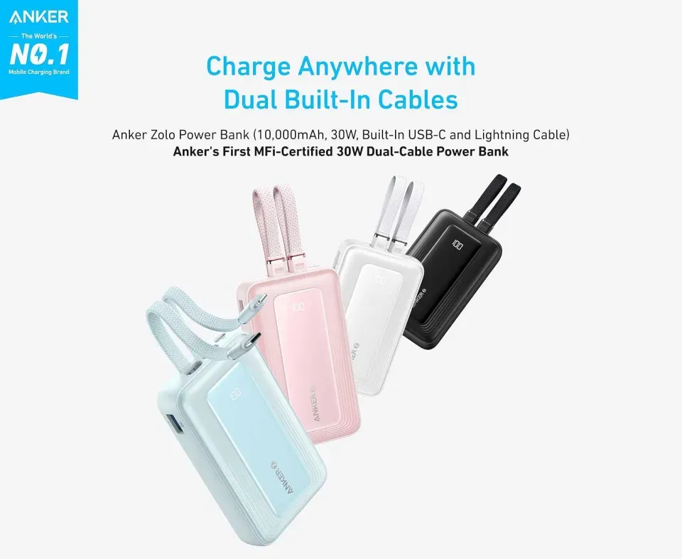 Anker A1680 Zolo Power Bank 10,000mAh with Dual Built-in Cables, White
