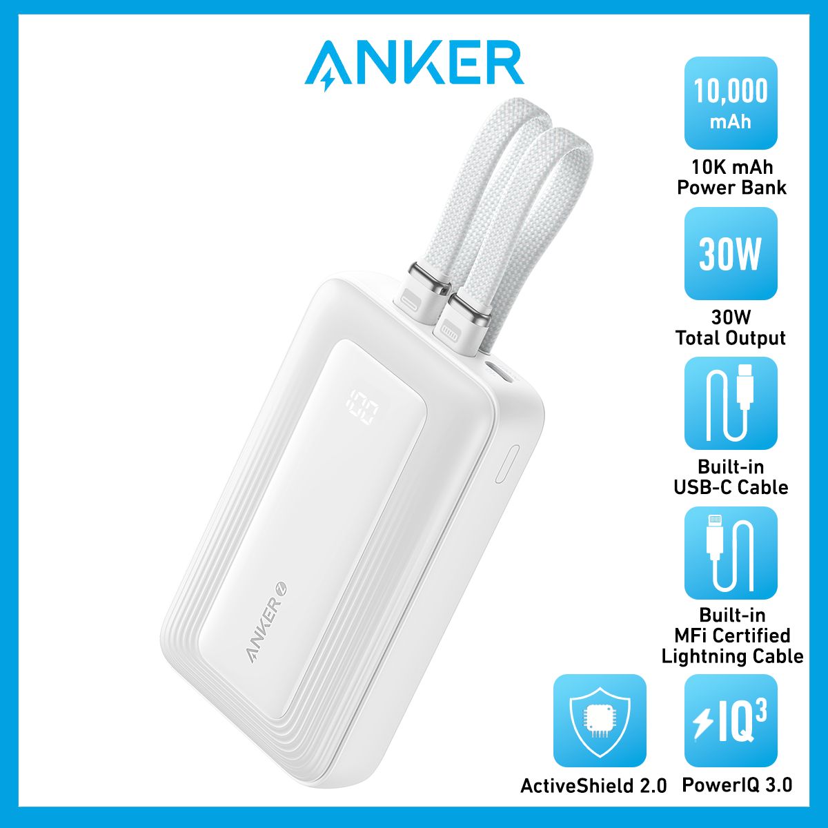 Anker A1680 Zolo Power Bank 10,000mAh with Dual Built-in Cables, White