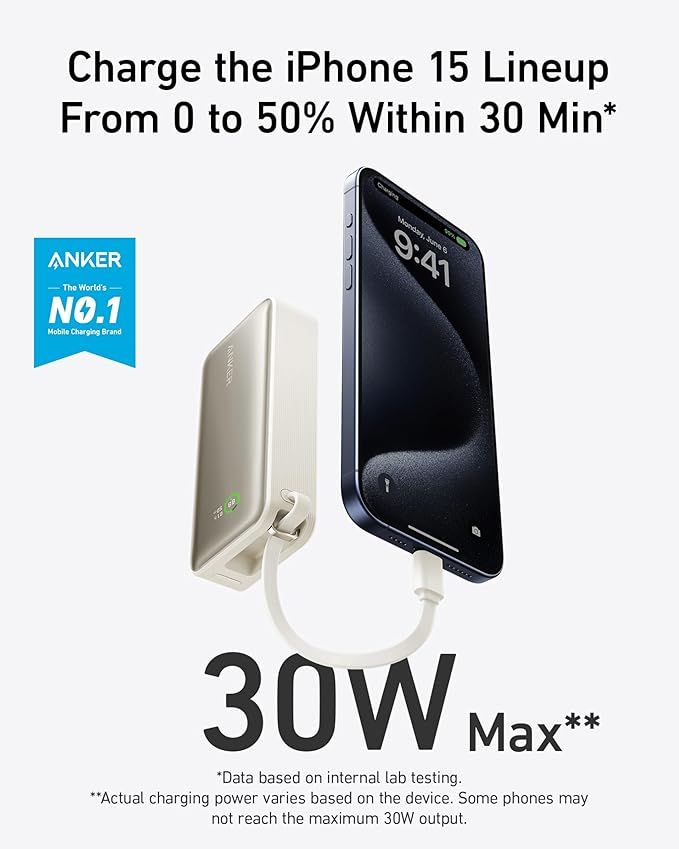 Anker A1259 Series 5 Nono Power Bank 10,000mAh with Built-in USB-C Cable, White