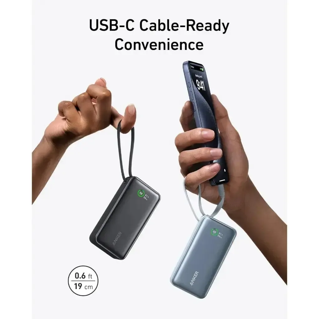 Anker A1259 Series 5 Nono Power Bank 10,000mAh with Built-in USB-C Cable, Black
