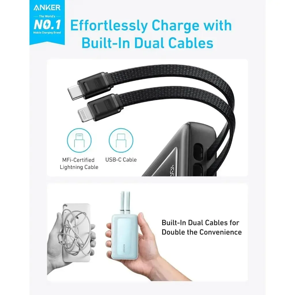 Anker A1680 Zolo Power Bank 10,000mAh with Dual Built-in Cables, Black