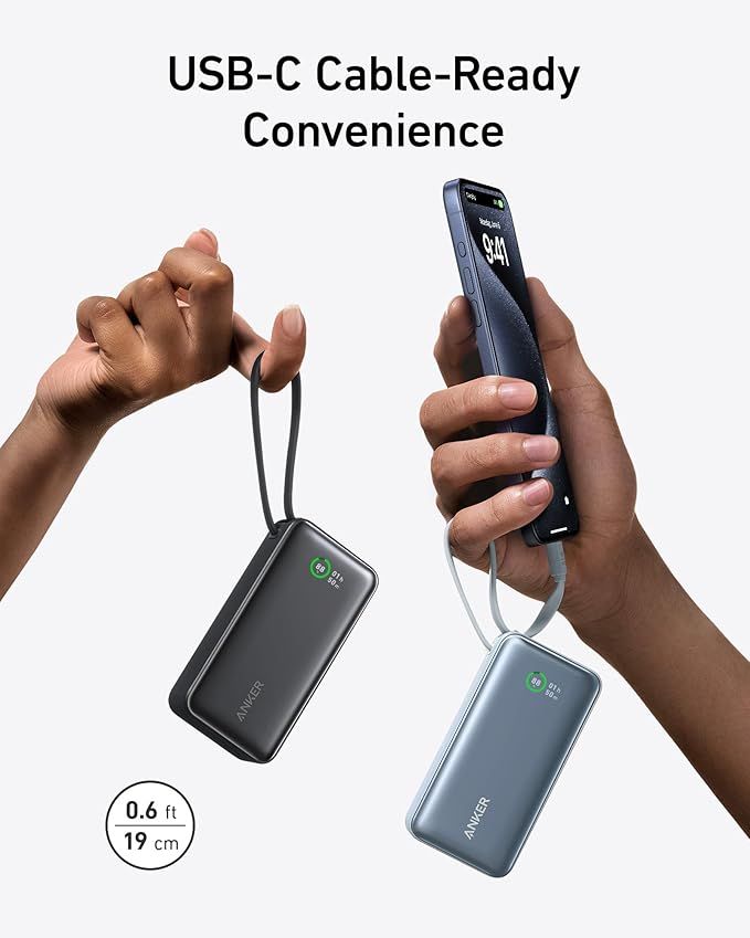 Anker A1259 Series 5 Nono Power Bank 10,000mAh with Built-in USB-C Cable, White