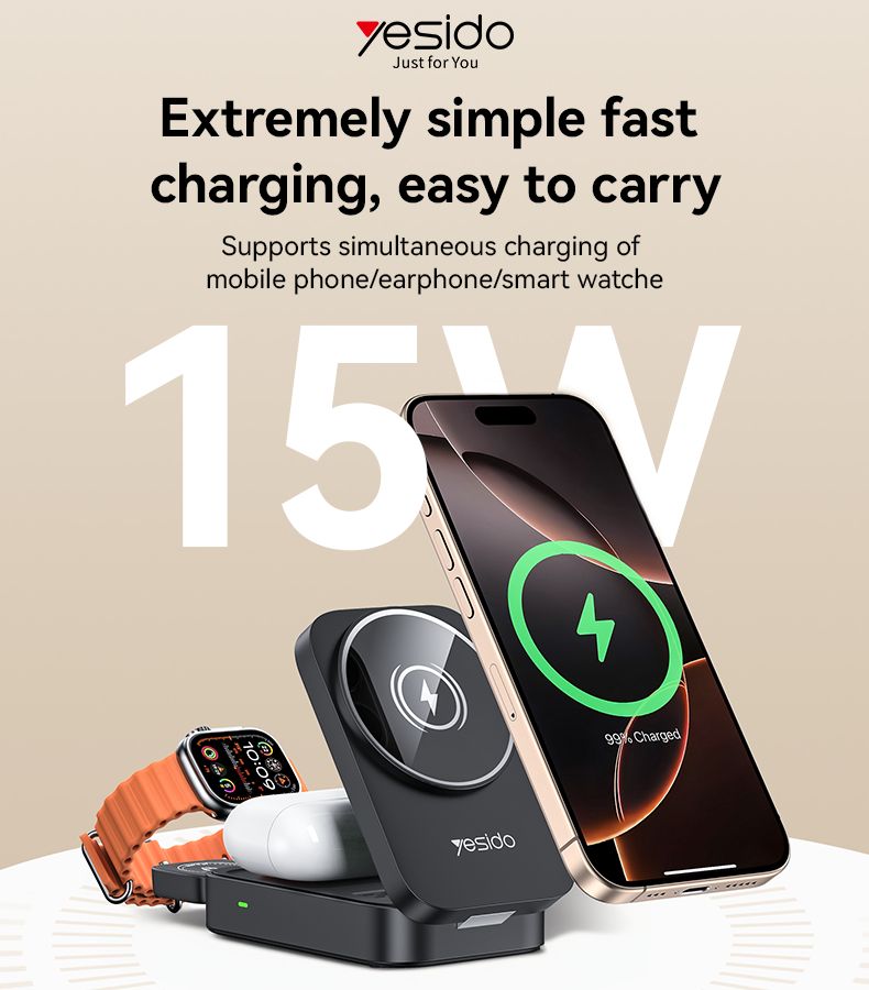 Yesido DS27 Foldable 3-in-1 Wireless Charger, Black