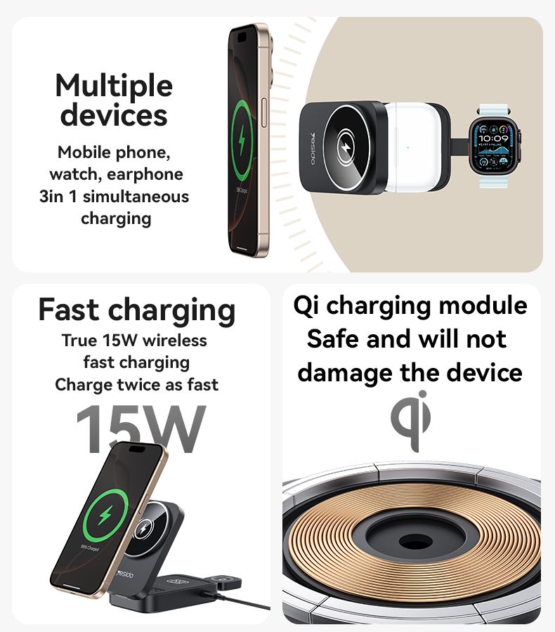 Yesido DS27 Foldable 3-in-1 Wireless Charger, Black