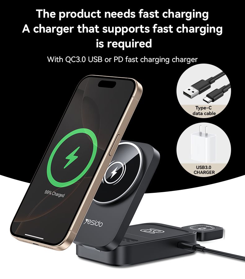 Yesido DS27 Foldable 3-in-1 Wireless Charger, Black